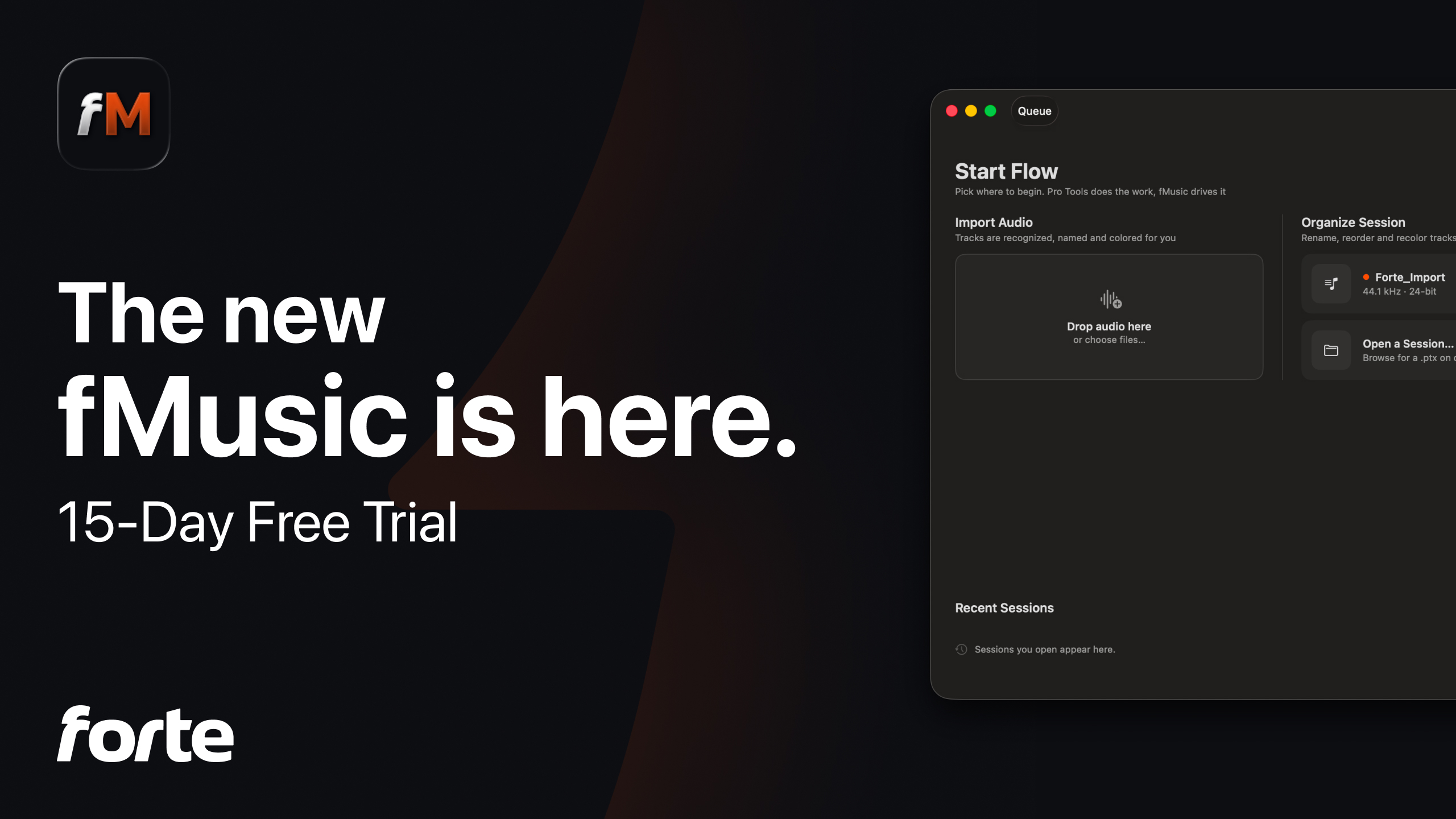 New fMusic interface on a studio display, three module cards for import, organize and export. AI-generated illustration.