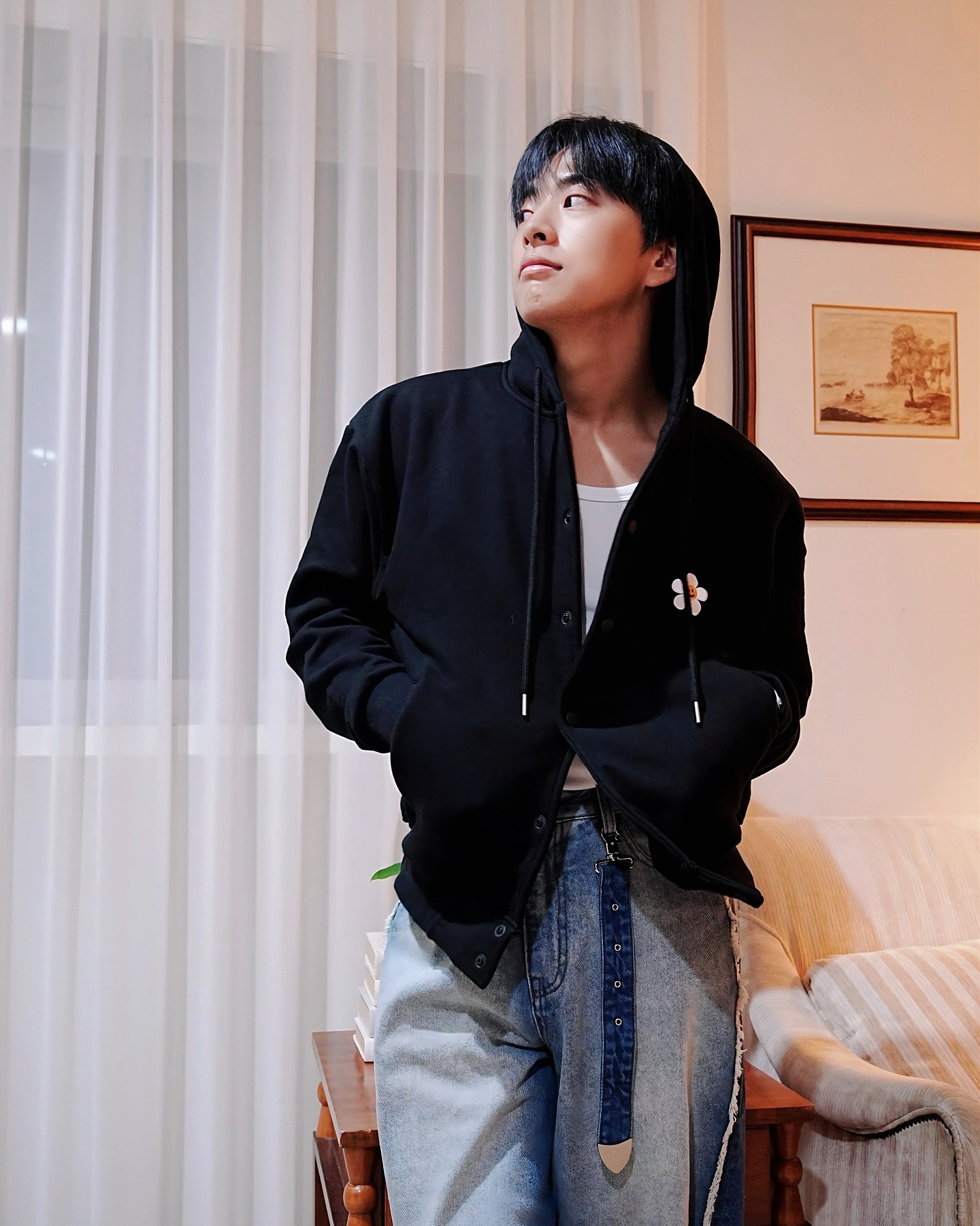 UNISEX] Flower Dot Embroidery Snap Hooded Jacket - GRAVER