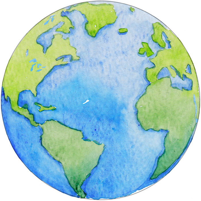 Watercolour painting of a globe showing Europe and North America.
