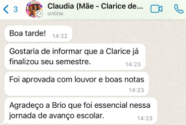 Depoimento de Claudia sobre aprovação da filha Clarice com louvor