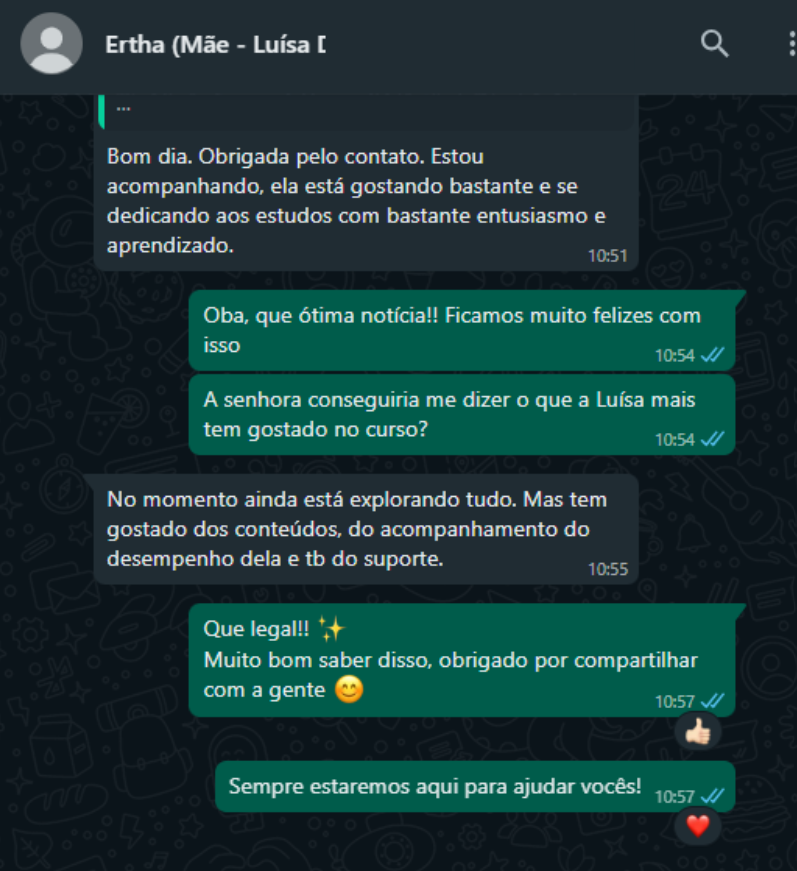 Depoimento de Ertha sobre o progresso da filha Luísa