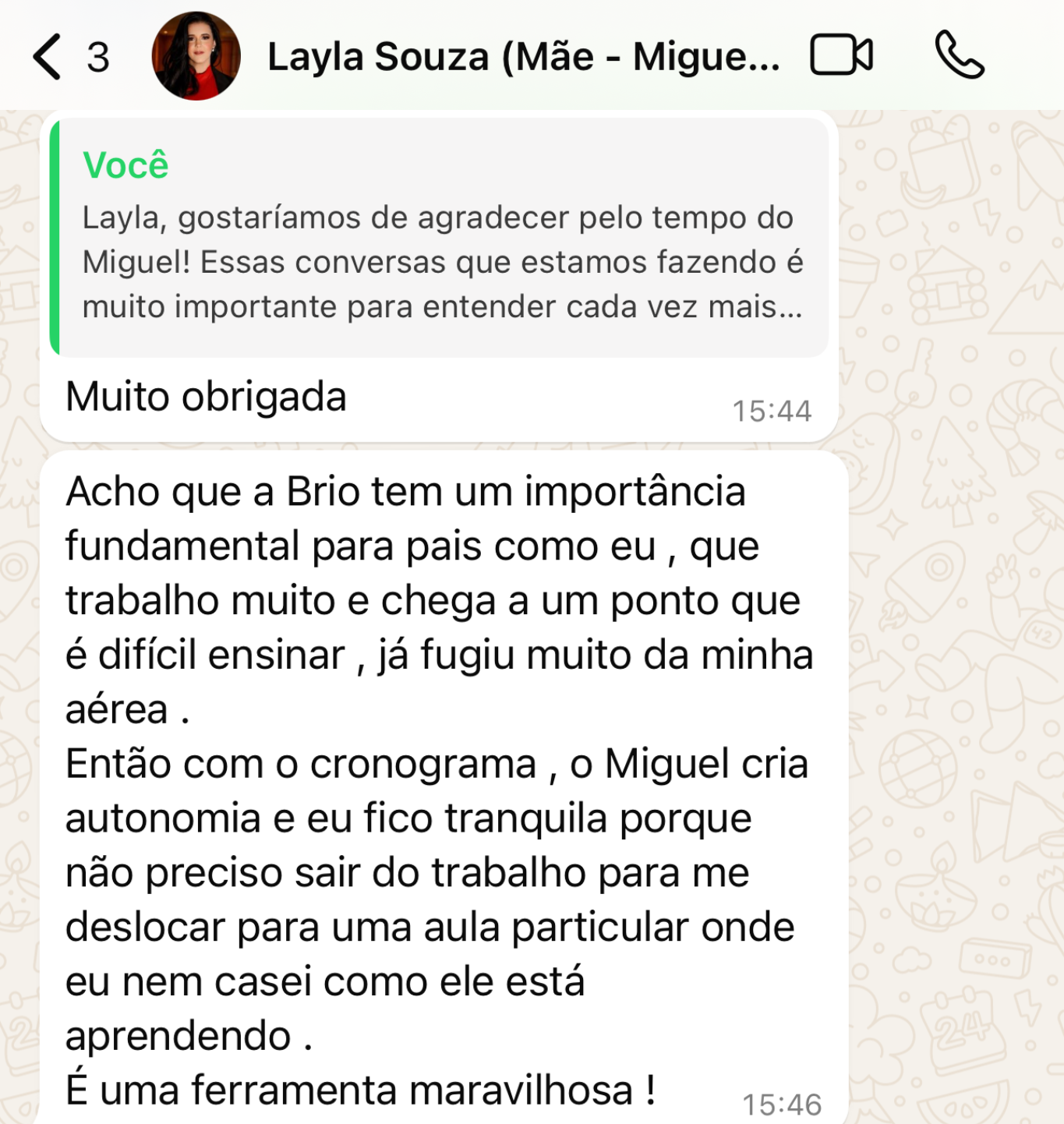 Depoimento de Layla sobre autonomia criada no filho Miguel