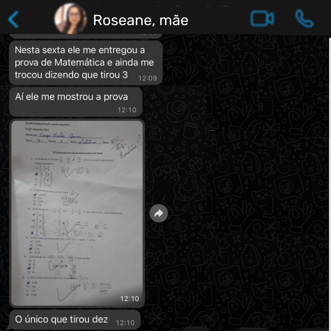 Depoimento de Rôseane sobre filho que tirou nota 10 em matemática