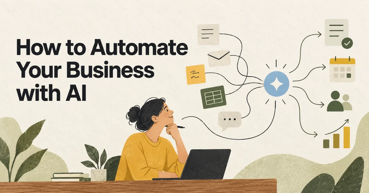 Editorial illustration with the headline “How to Automate Your Business with AI”, showing a small business owner planning AI workflows.