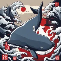 Immagine che assomiglia a un'illustrazione in stile giapponese con onde e una balena ma estremamente confusa e probabilmente fatta con AI