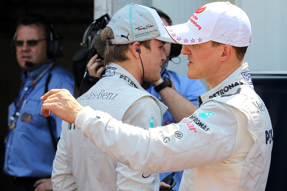 Nico Rosberg (GER) and Michael Schumacher (GER)