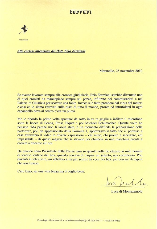 Lettera Montezemolo a Zermiani