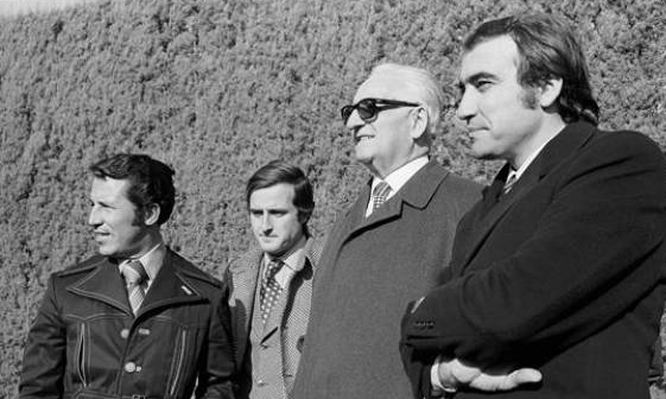 Mario Andretti, Ignazio Giunti, Enzo Ferrari, Clay Regazzoni Maranello