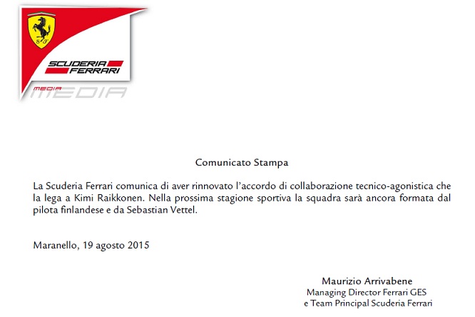 Rinnovo Raikkonen comunicato Ferrari 2015