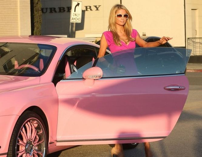 Fantastic Paris Hilton in pink Bentley