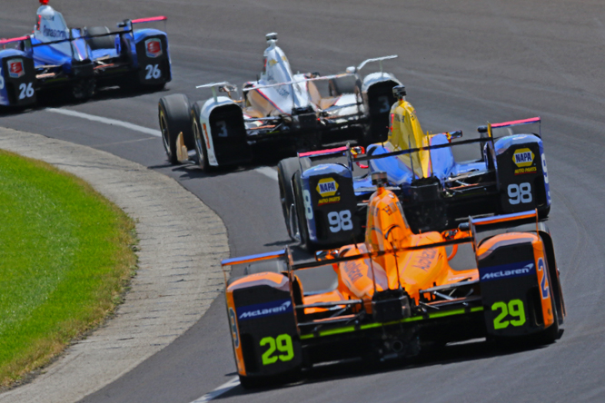 IndyCar2017_Indy500_Free Practice 8_Alonso-Rossi-Castroneves-Sato