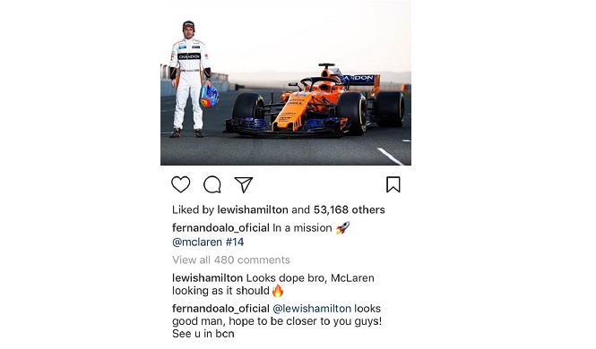 Hamilton e Alonso Instagram lancio McLaren MCL33