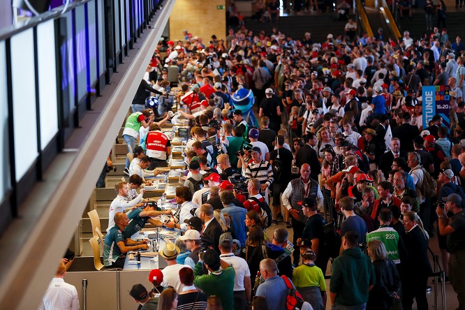 Autograph session begins inside Tempelhof Airport.