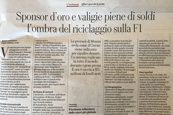 Repubblica maggio 2018 inchiesta fondi neri F1