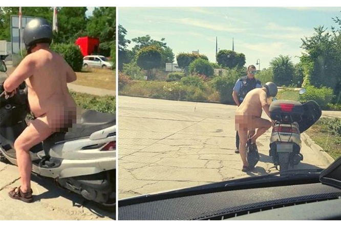 In scooter completamente nudo: “Fa caldo”