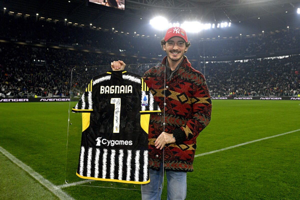 TURIN, ITALY - DECEMBER 08: Italian motorbike racer Francesco Bagnaia with his Juventus t-shirt prior to the Serie A TIM match between Juventus and SSC Napoli at Allianz Stadium on December 08, 2023 in Turin, Italy. (Photo by Filippo Alfero - Juventus FC/Juventus FC via Getty Images)