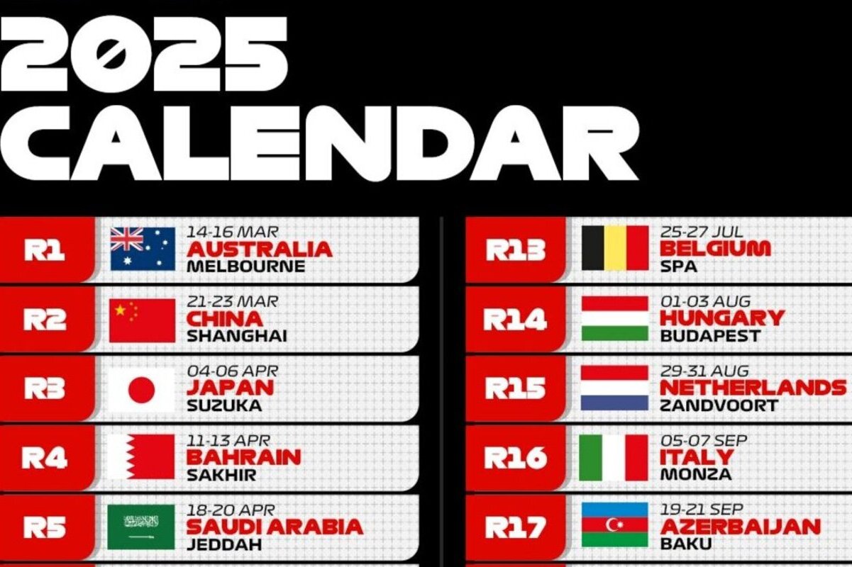 Foto di una parte del calendario del mondiale 2025 di Formula 1