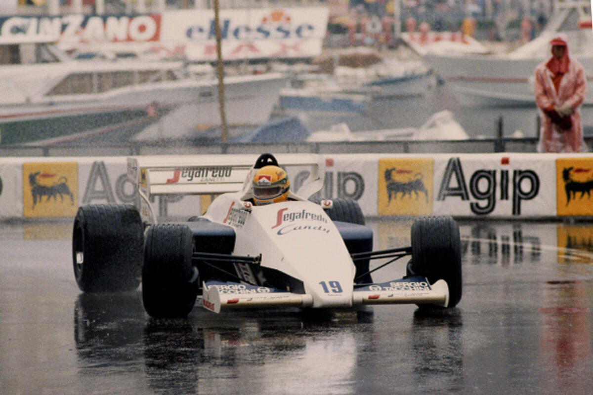 Senna sotto la pioggia con la Toleman al GP di Monaco 1984