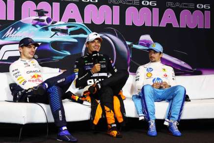 Max Verstappen, Lando Norris e Charles Leclerc in conferenza stampa a Miami