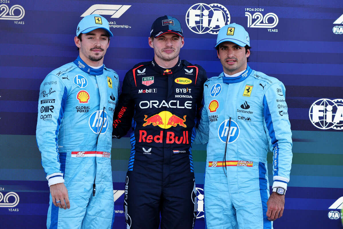 Verstappen, Leclerc e Sainz nel parco chiuso subito dopo le qualifiche di Miami