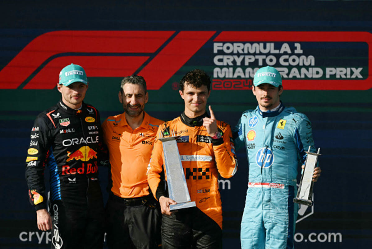 Verstappen, Stella, Norris e Leclerc festeggiano sul podio del GP di Miami 2024