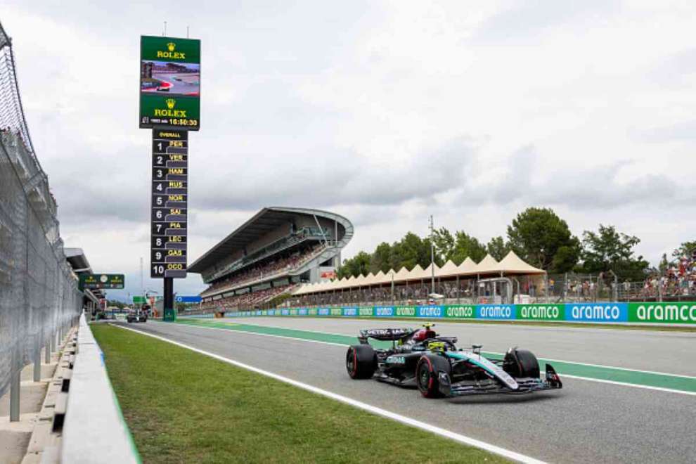 Lewis Hamilton exits the pit lane during qualifying for the 2024 Spanish GP