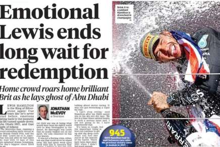 Prima pagina della sezione sportiva di un quotidiano inglese dopo la vittoria di Hamilton a SIlverstone