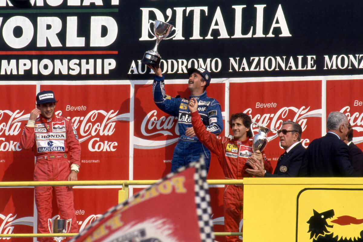 Nigel Mansell, Alain Prost e Ayrton Senna sul podio di Monza