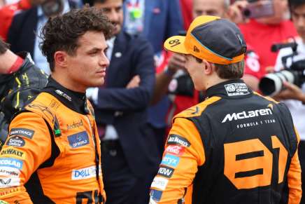 F1 GP Italia 2024, Monza: Lando Norris e Oscar Piastri (McLaren) dopo la bandiera a scacchi