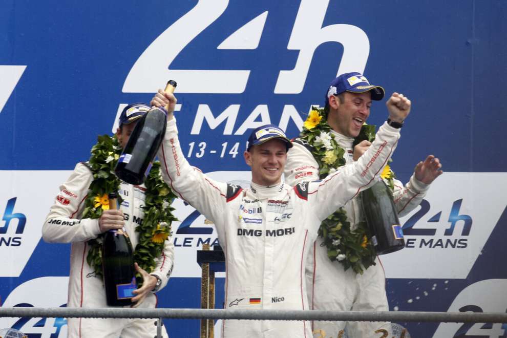 Nico Hulkenberg on the podium at Le Mans