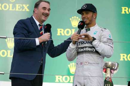 Nigel Mansell e Lewis Hamilton sul podio