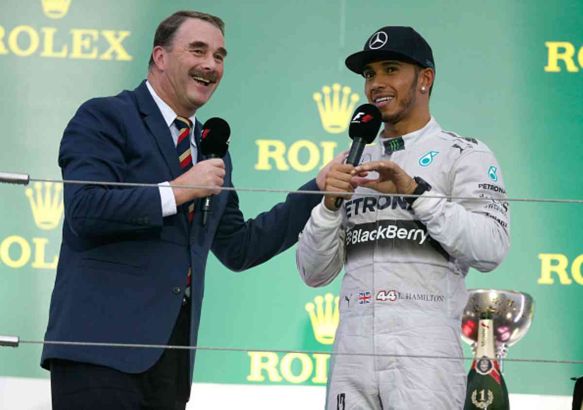 Nigel Mansell e Lewis Hamilton sul podio