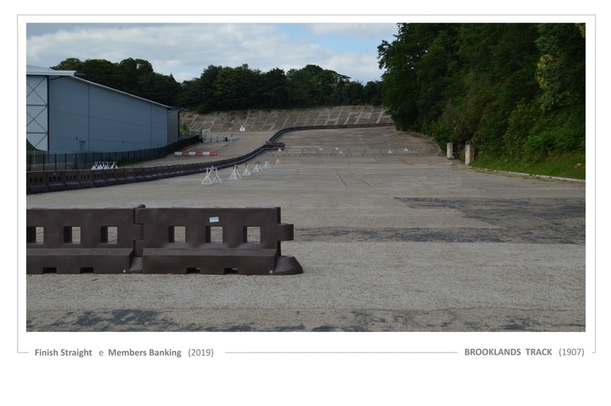 Resti dell'autodromo più antico al mondo a Brooklands, con edifici e hangar che ricordano l'epoca del motorsport e dell'industria aeronautica
