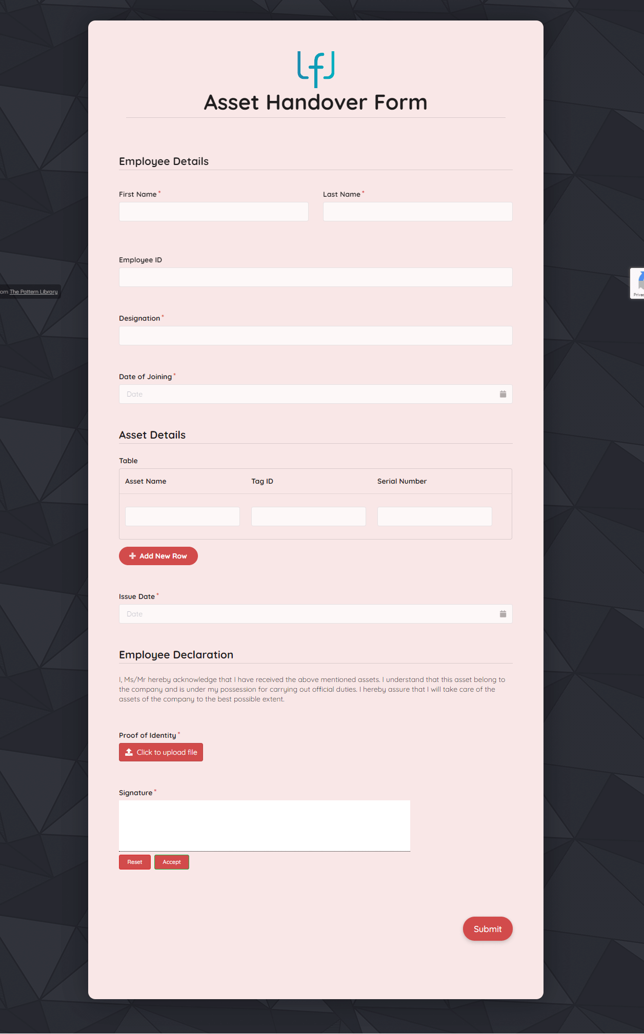 Asset Handover Form Template template