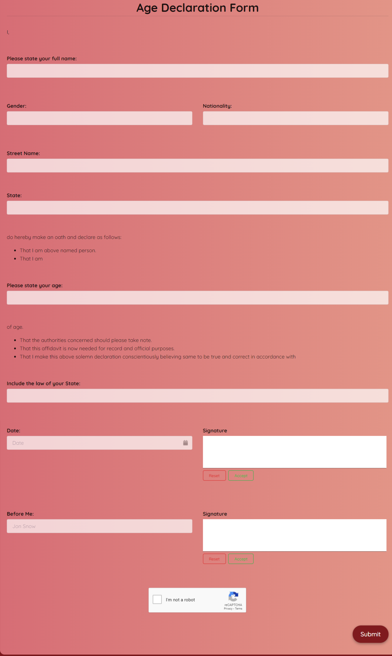 Age Declaration Form Template template