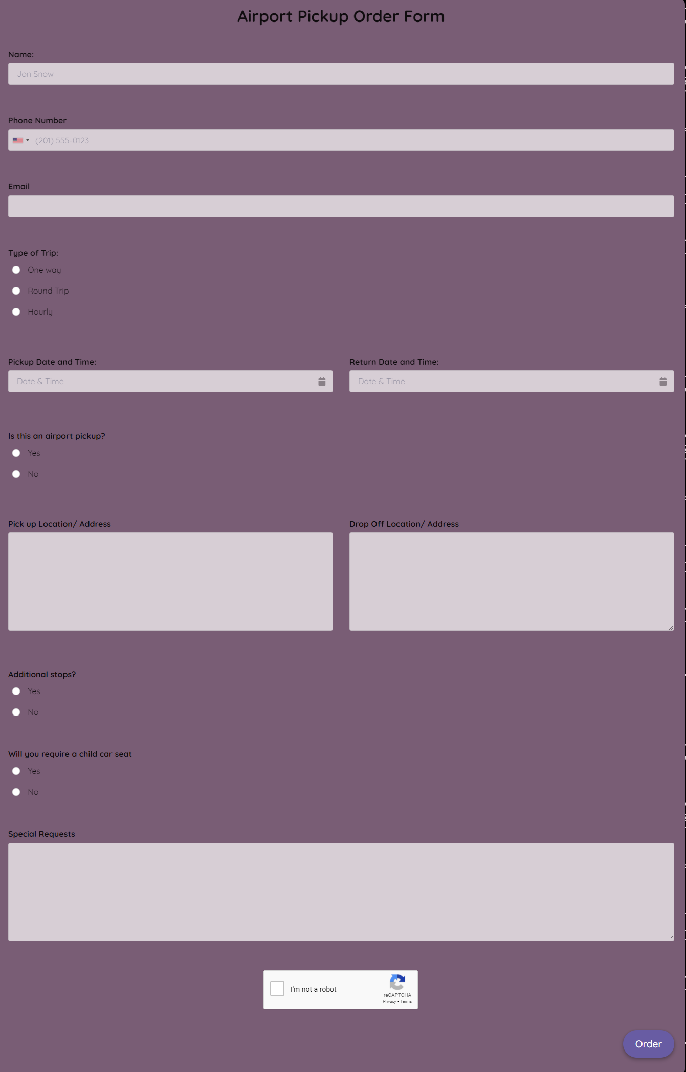 Free Airport Pickup Order Form Template template