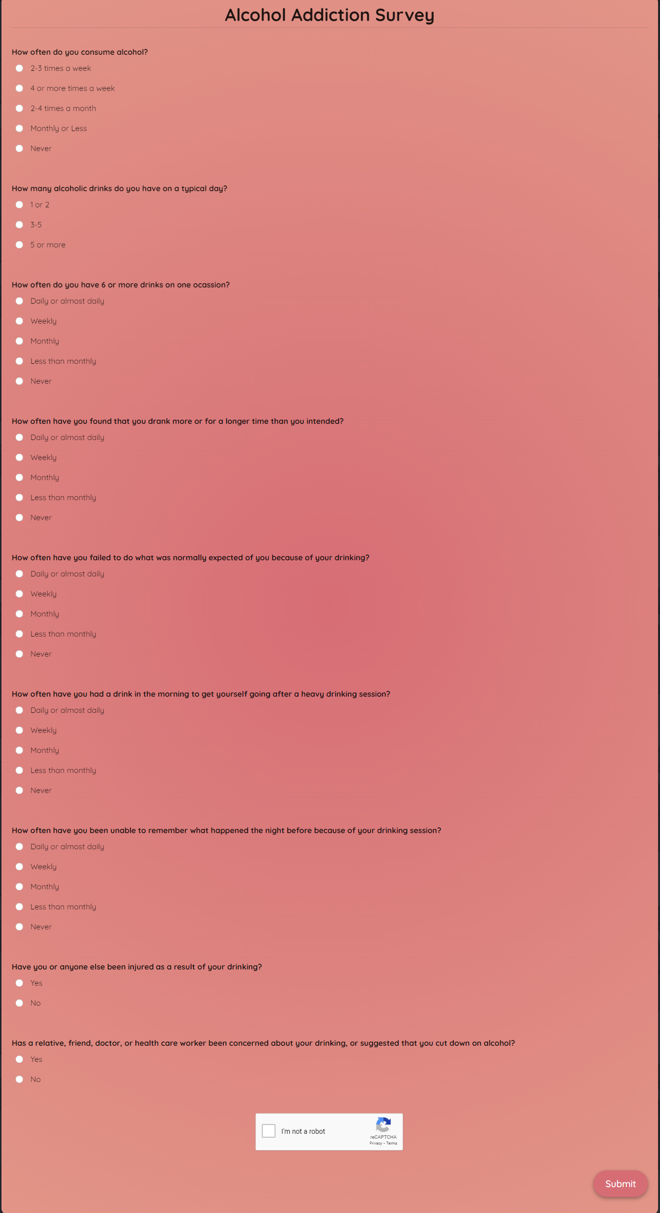 Alcohol Addiction Survey Template template