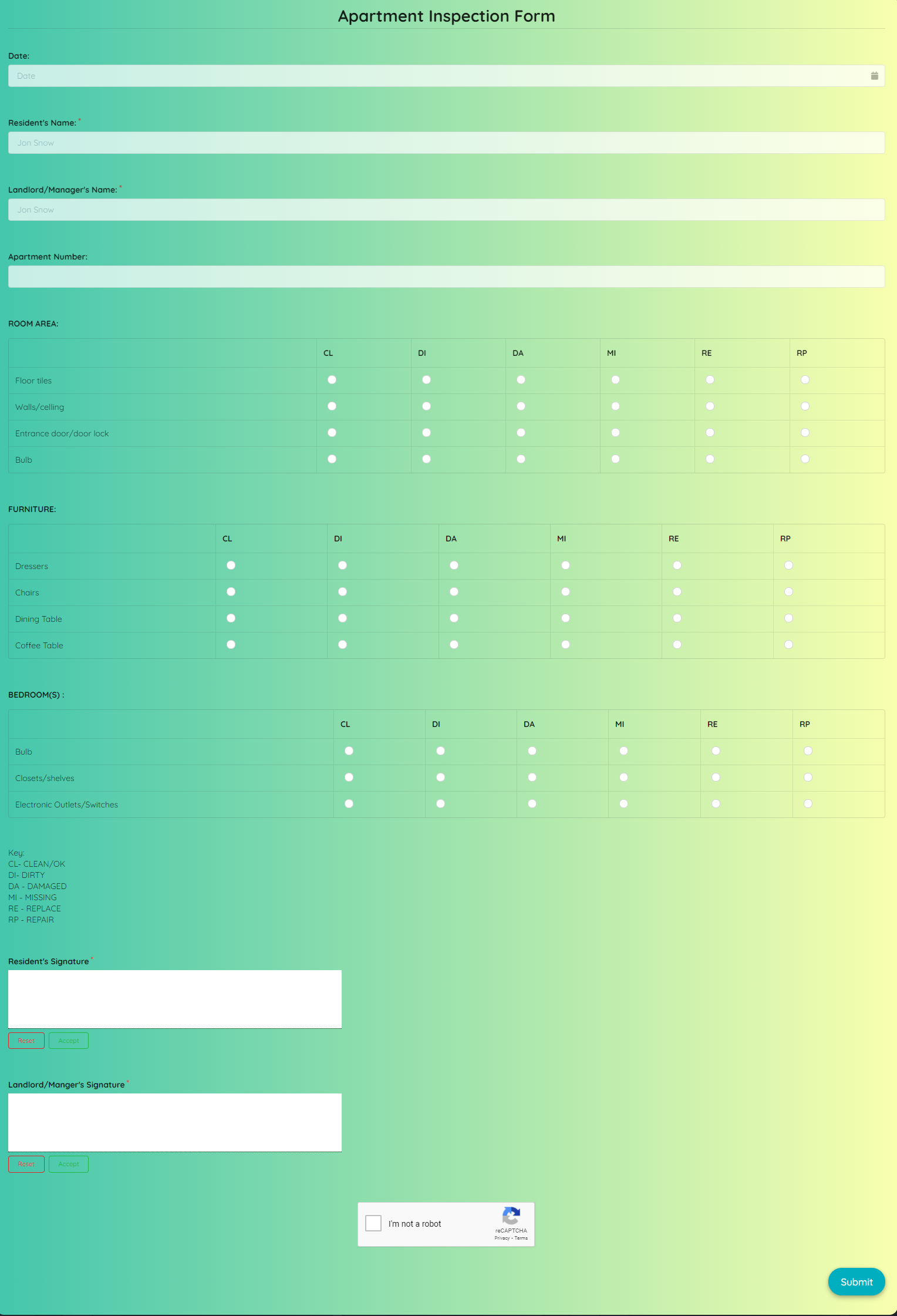 Free Apartment Inspection Form Template template