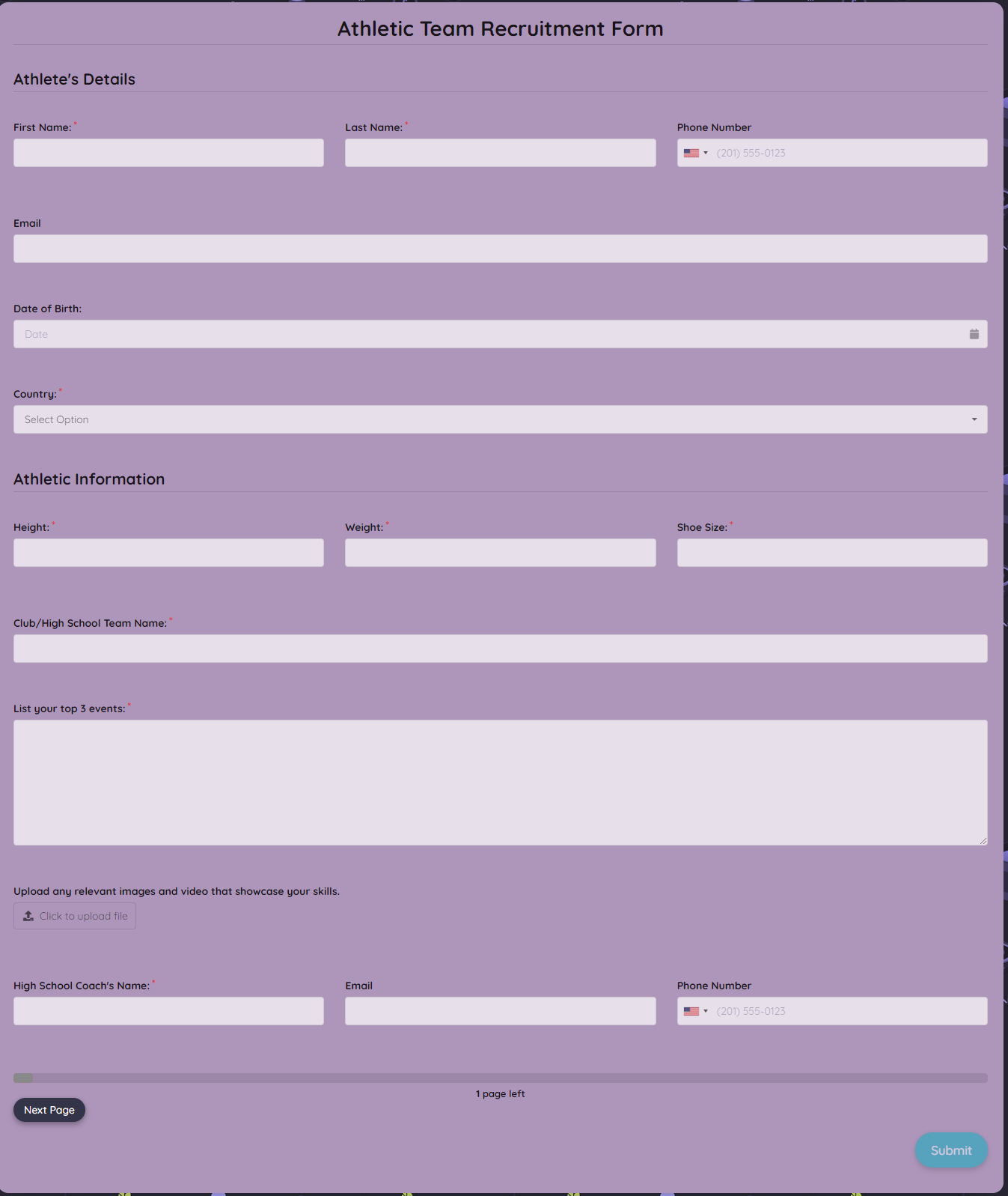 Athletic Team Recruitment Form Template template