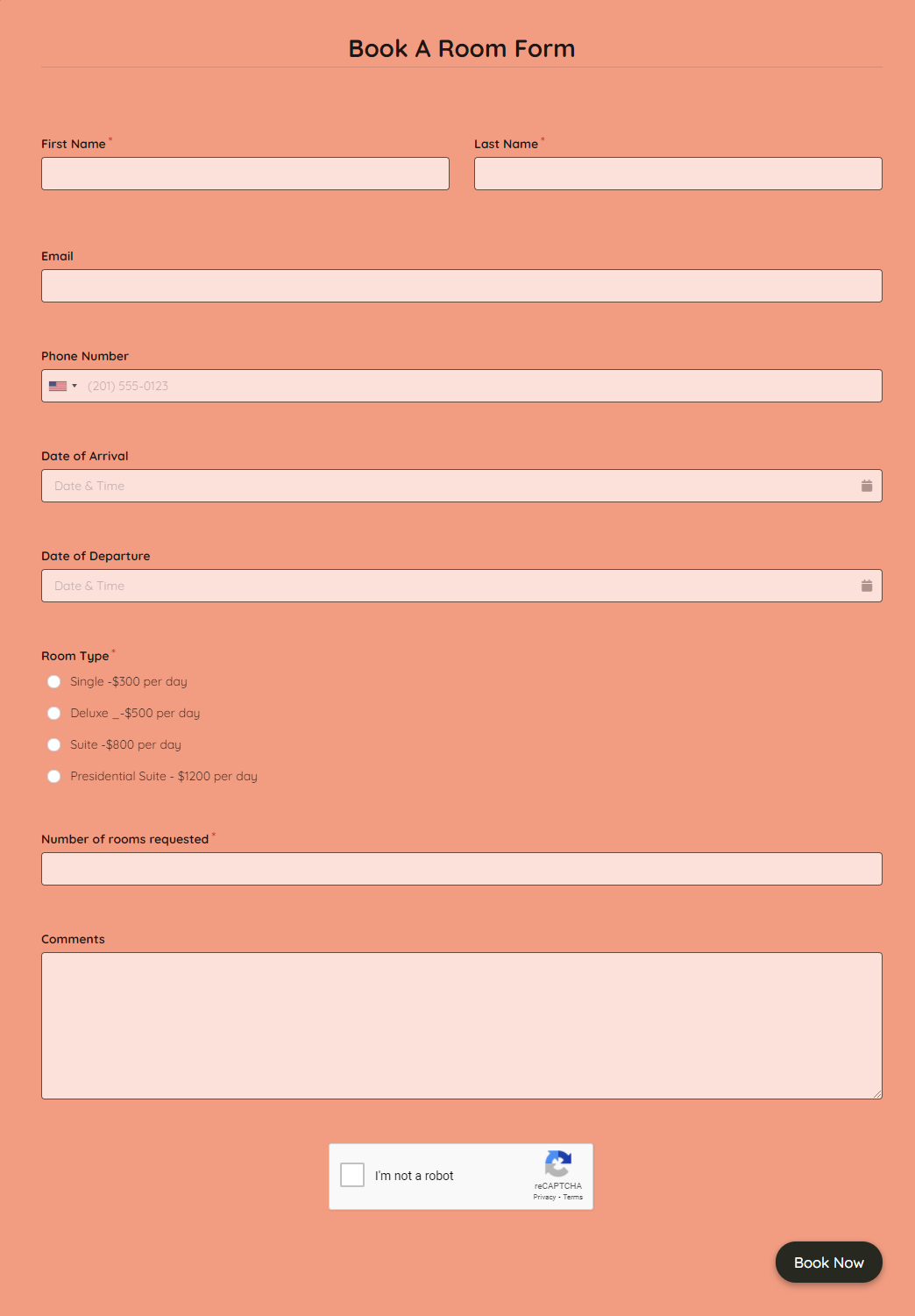 Book A Room Form Template template