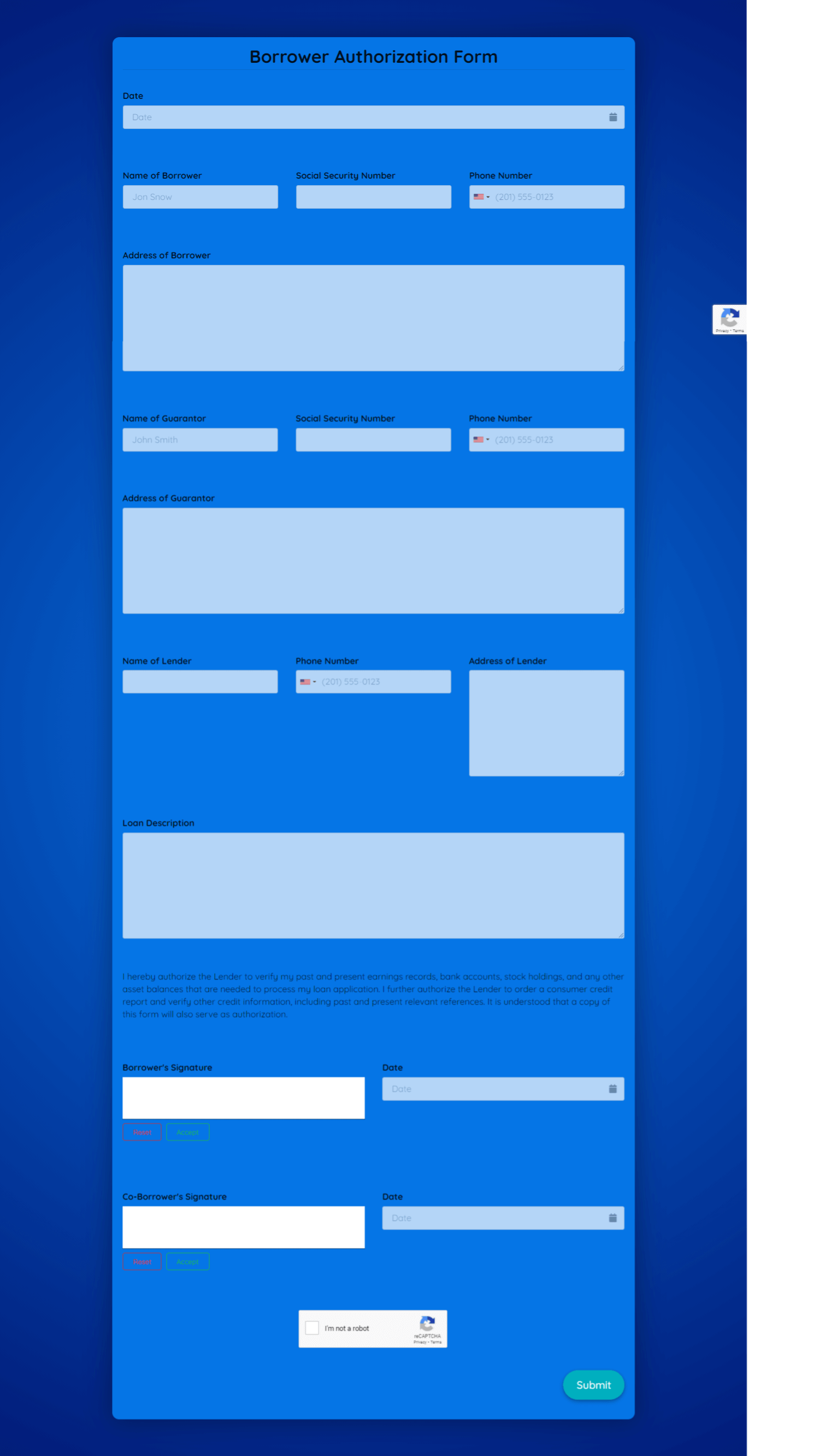 Borrower Authorization Form Template template