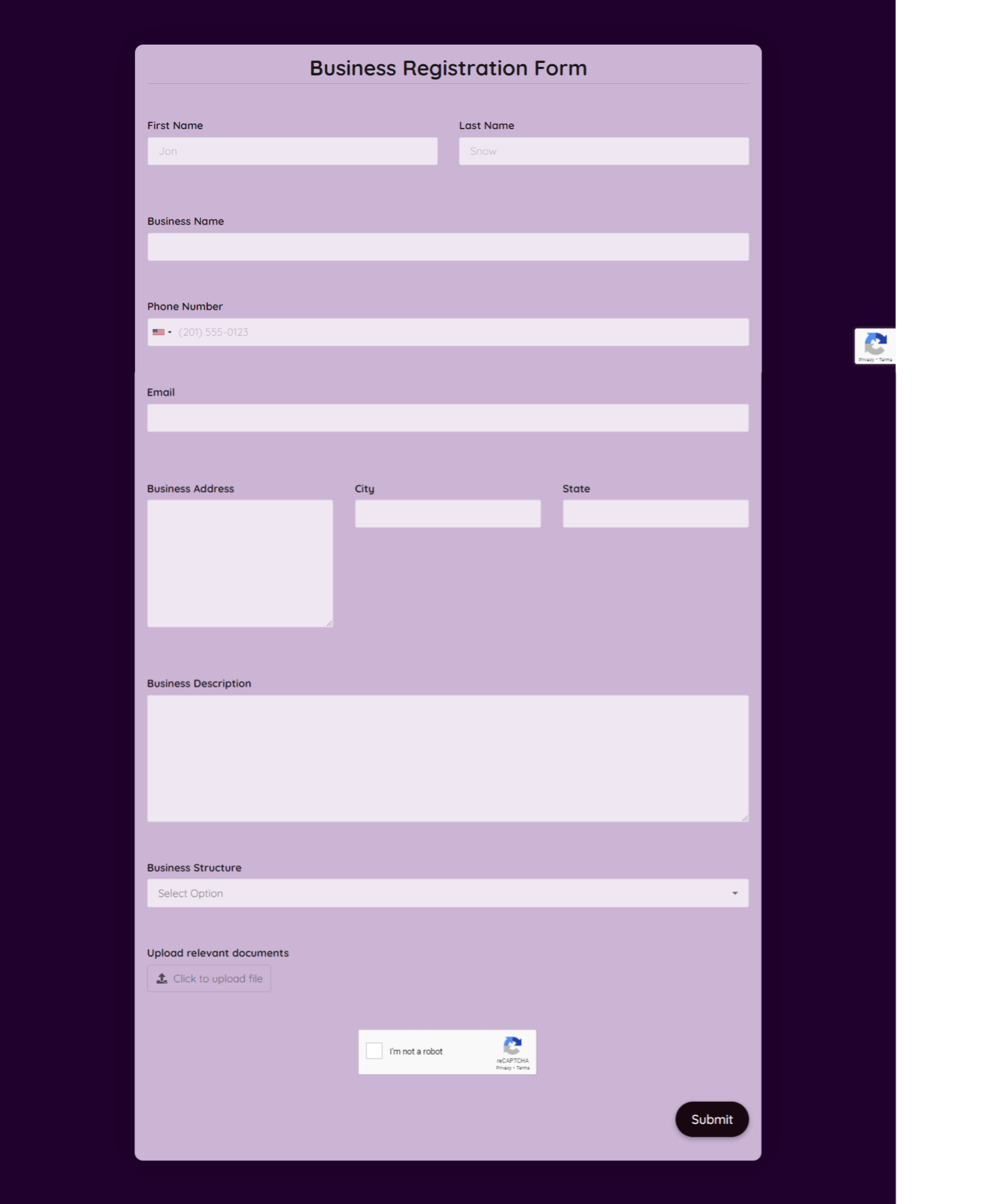 Business Registration Form Template template