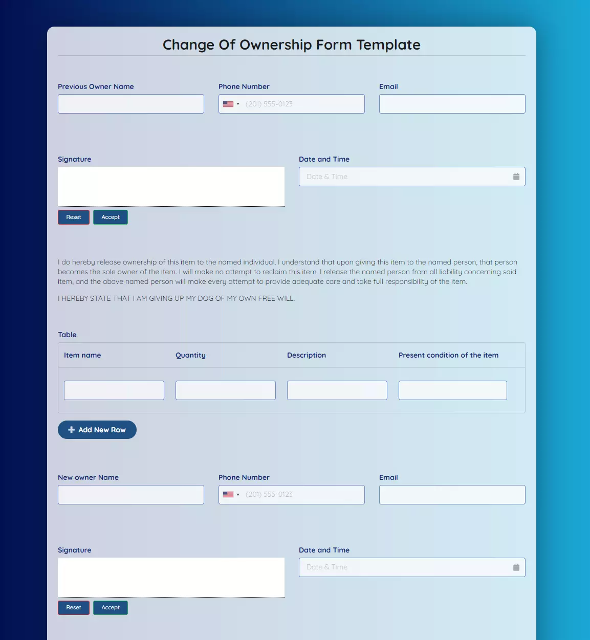 Free Change Of Ownership Form Template template