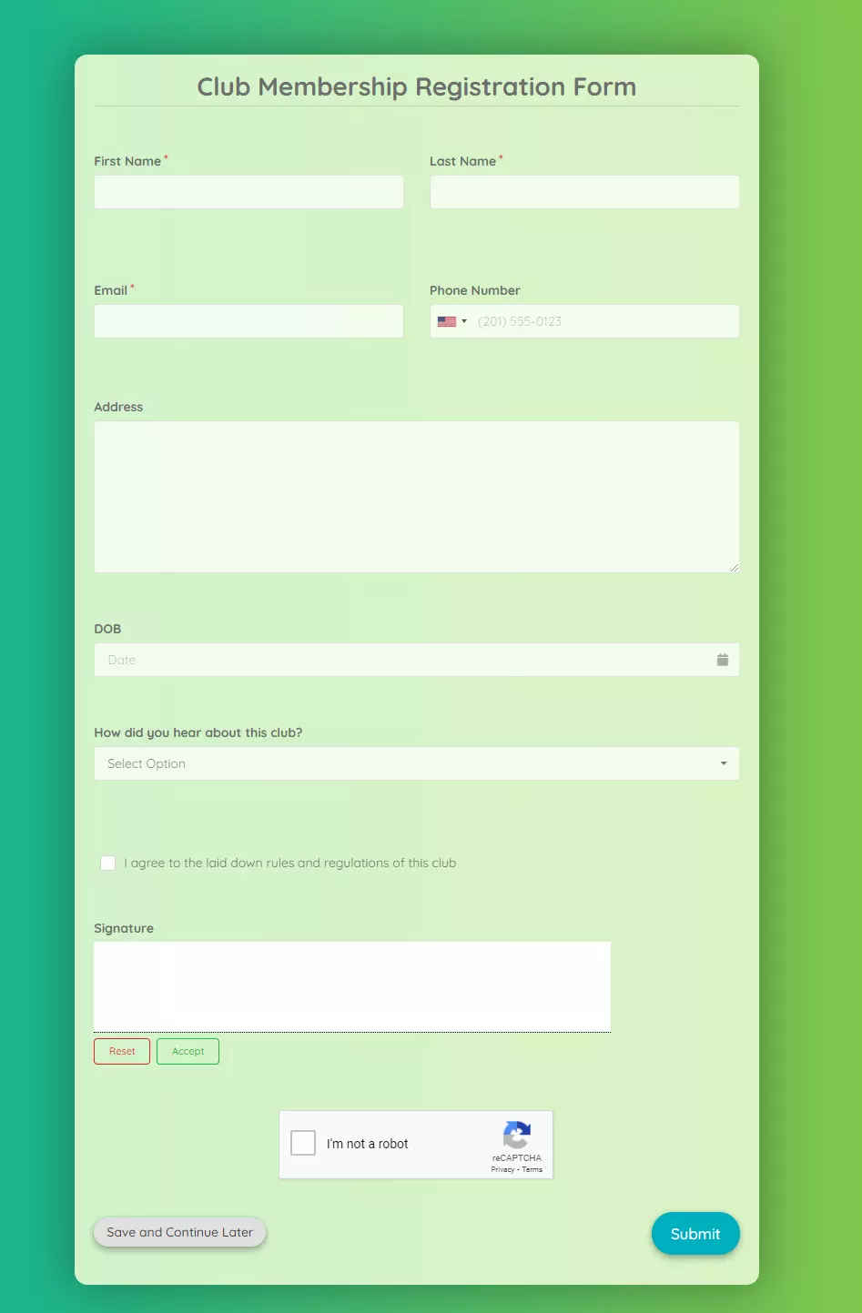 Club Signup Form Template