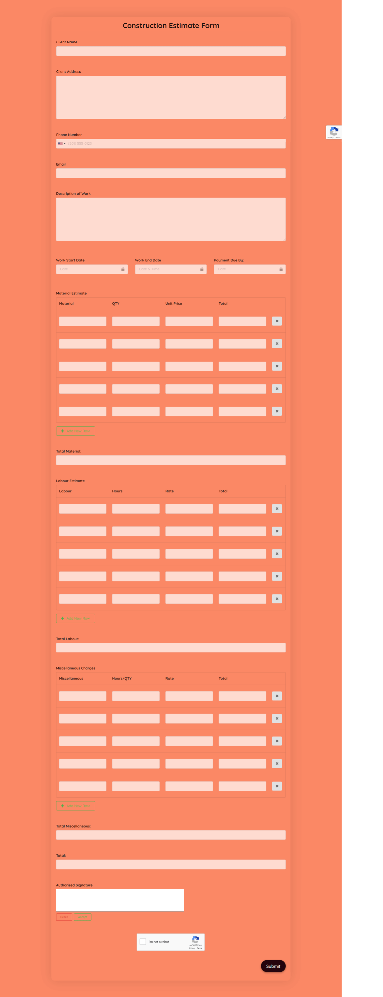 Construction Estimate Form Template template