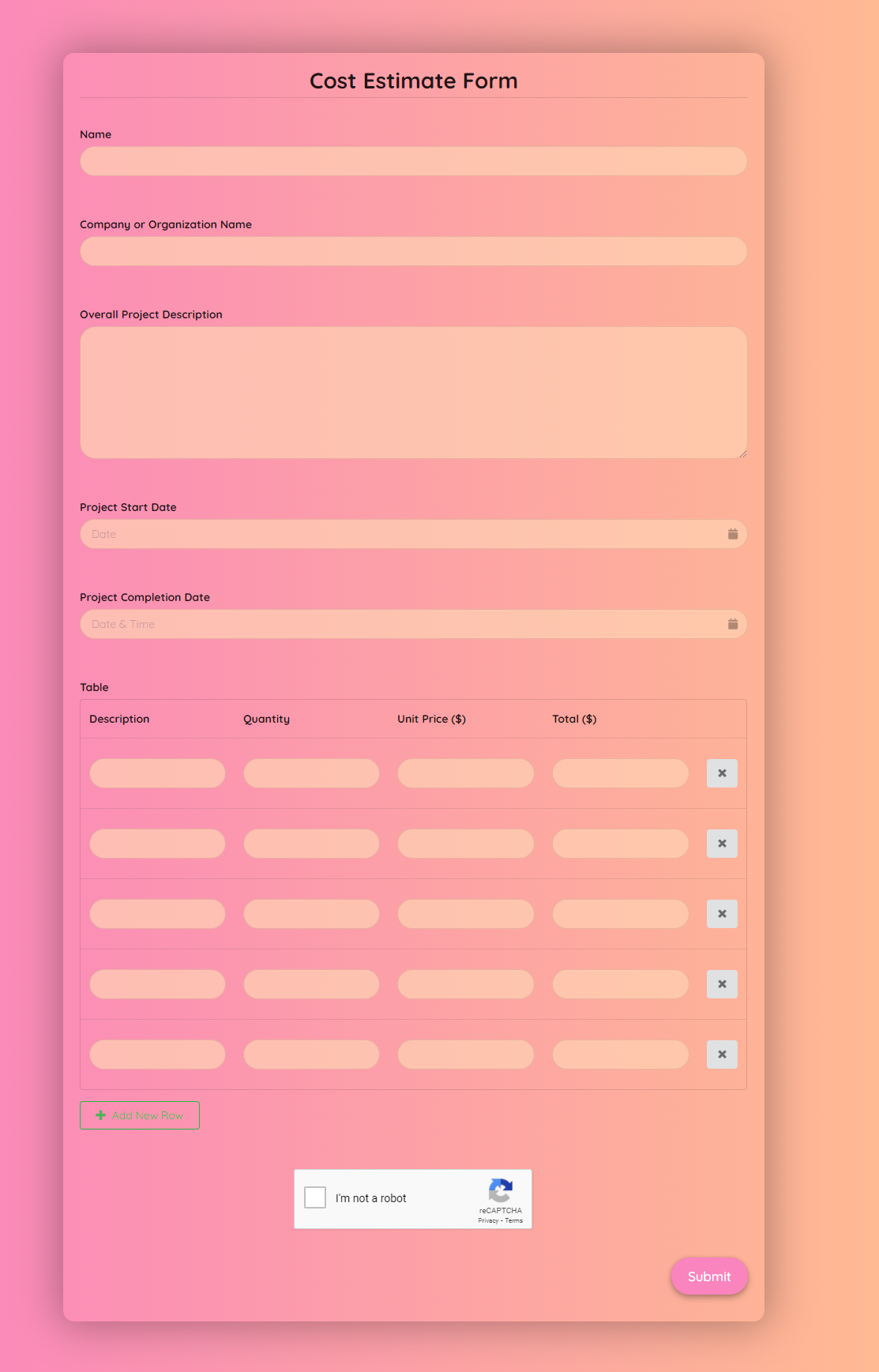 Cost Estimate Form Template template