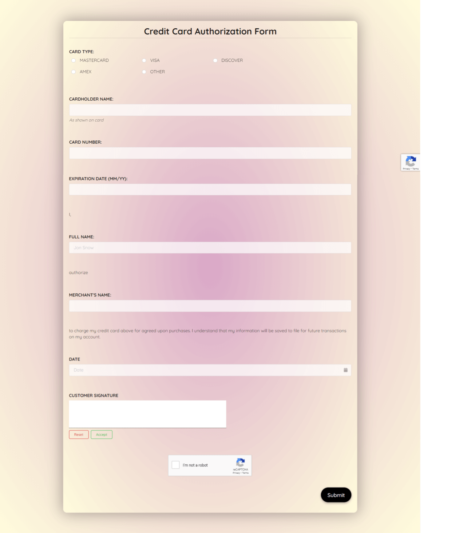 Credit Card Authorization Form Template template