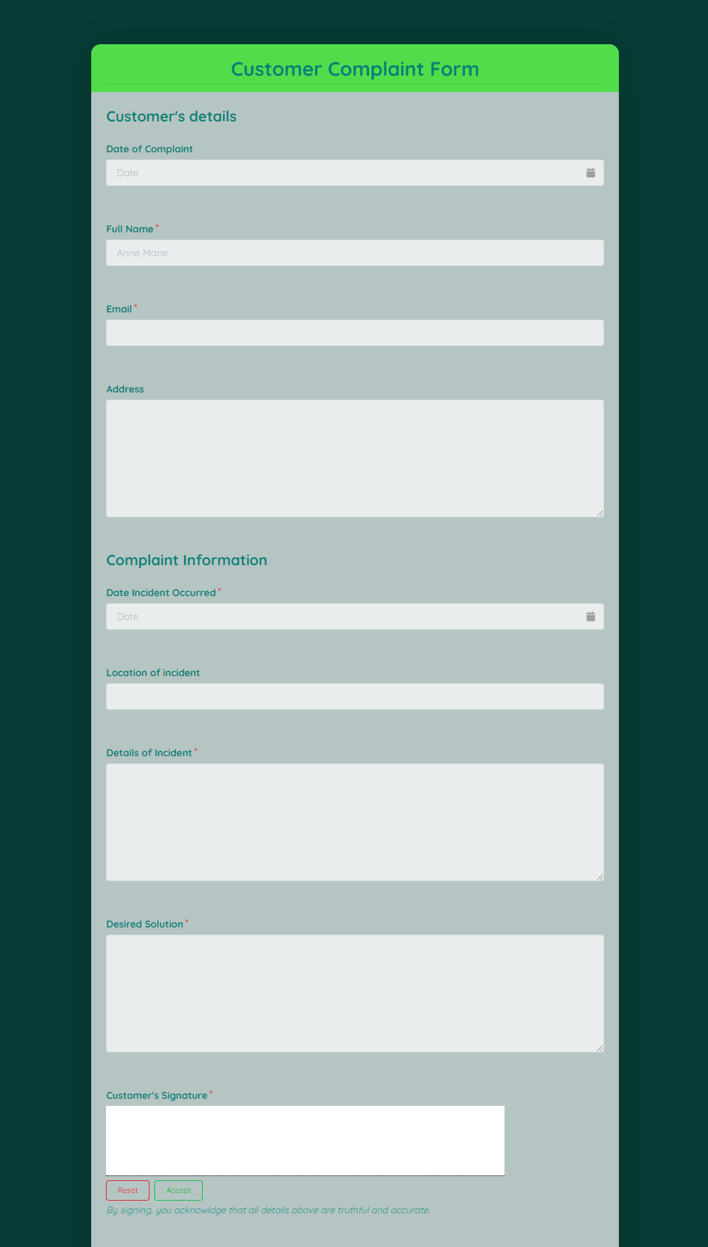 customer complaints form