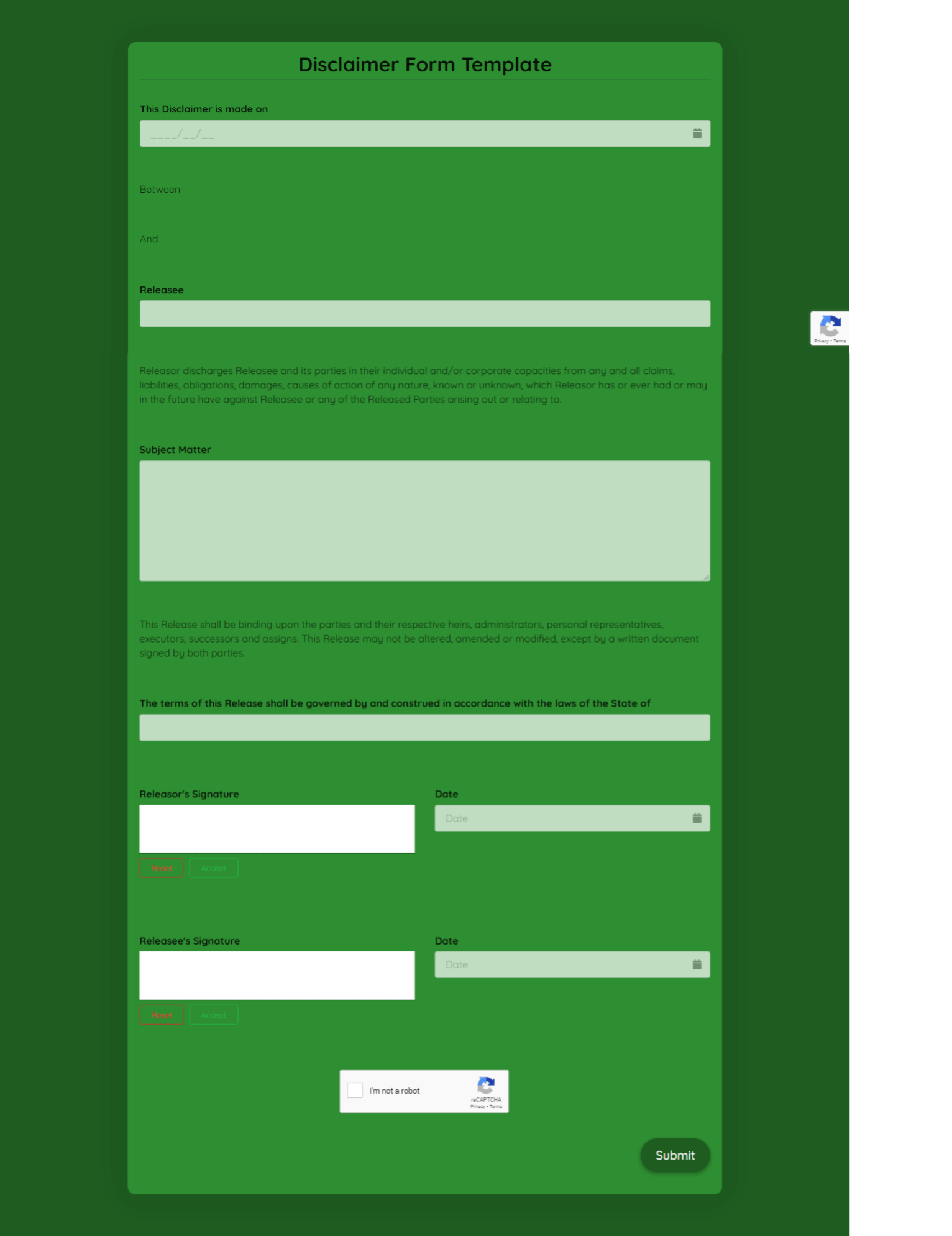 Disclaimer Form Template template