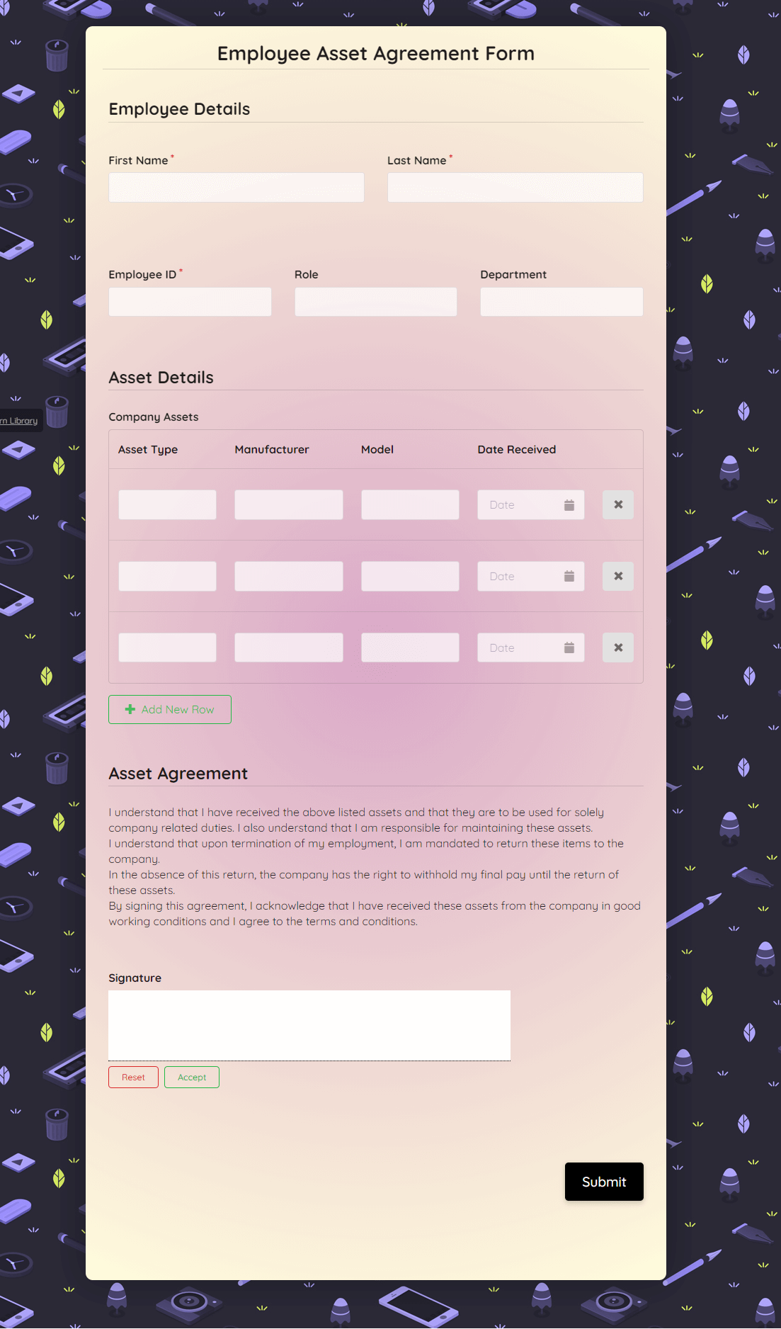 Employee Asset Agreement Form Template template